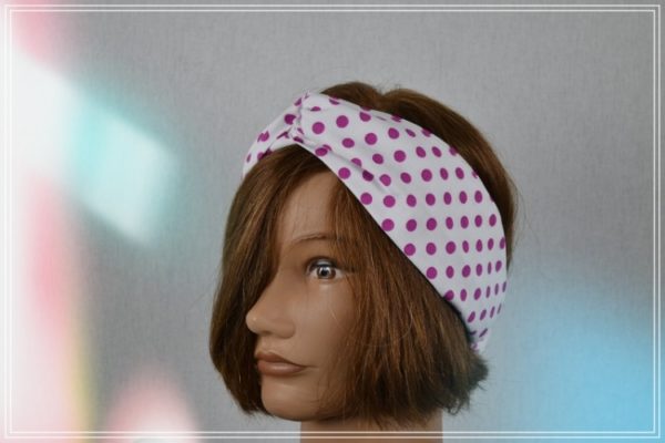 Bandeau Headband Coton fond blanc Pois fushia Vintage